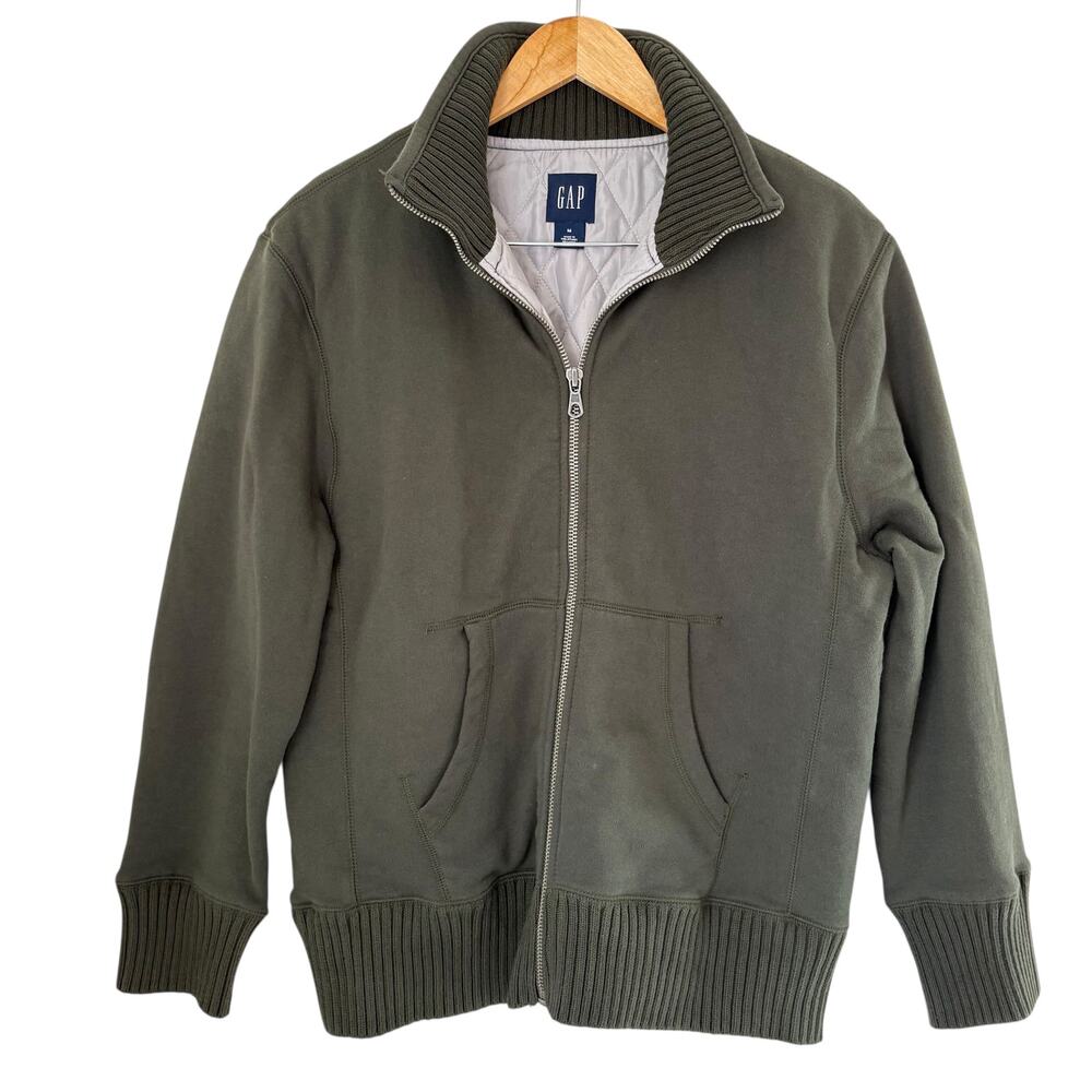 Gap Full Zip Cotton Thick Sweatshirt Quilted Lining Green Ribbed Casual Preppy M
